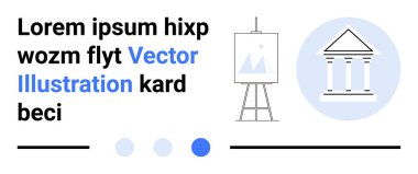Metin blokları kalın röfleli, resim sehpasında grafik, bina cephesinin dairesel simgesi. Eğitim, tasarım, analiz, sunum, bilgi, yaratıcılık için ideal basit iniş sayfası