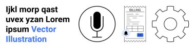 Ses kaydı, fatura ve ödemeler, sistem yapılandırması, iş akışı tasarımı, dijital iletişim, teknoloji araçları. Minimalist simge mikrofon, fatura ve teçhizat. Ses kaydı