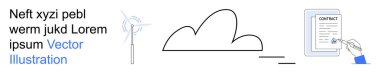 Yenilenebilir enerji, bulut hesaplama, dijital sözleşmeler, sürdürülebilirlik, yenilik, teknoloji. Minimalist tasarım bir rüzgar türbini, bir bulut şekli ve imzalı bir sözleşme. Yenilenebilir enerji ve bulut