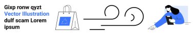 Çevrimiçi alışveriş, dijital pazarlama, perakende satış, kullanıcı etkileşimi, mobil ticaret, markalaşma. Alışveriş torbası, soyut girdaplar elinde bir cihaz tutan kadın. Online alışveriş ve dijital pazarlama
