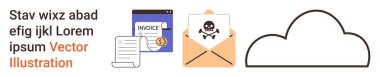Siber güvenlik, dolandırıcılığı önleme, bulut depolama, dijital sistemler, fatura, e-posta güvenliği. Fatura belgesi, kafatası simgesi ve bulut sembolü içeren sahte e-posta. Siber güvenlik ve dolandırıcılığı önleme