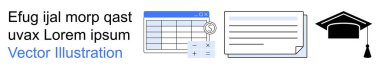 Finans, eğitim, analitik, belge işleme, akademik araçlar, öğrenme kaynakları. Çizelgeler, dokümanlar ve mezuniyet başlığı simgesi içeren hesap tablosu. Finans ve eğitim araçları kavramı