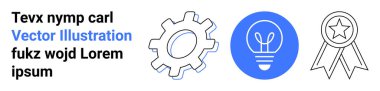 Yenilik, yaratıcılık, problem çözme, tasarım, başarı, tanınma. Vites, ampul ve ödül kurdele ikonları mavi ve siyah tasarım. Çalışmada yenilik ve yaratıcılık ve tanıma kavramları
