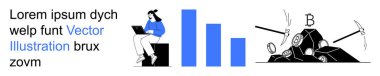 Kripto para birimi, veri analizi, madencilik süreci, engelleme zinciri, finans, teknoloji. Kripto para taşında dizüstü bilgisayar, bar çizelgesi ve kazma kullanan bir kadın. Kripto para birimi ve veri analiz kavramı