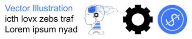 Teknoloji entegrasyonu, finansal büyüme, zihinsel süreçler, otomasyon, yenilik, ekonomi. Dişli bir insan kafası, dolar işareti ve ikili veri. Teknoloji entegrasyonu ve mali büyüme