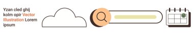 Veri depolama, arama optimizasyonu, programlama, organizasyon, teknoloji, dijital araçlar. Minimalist tasarım bir bulut, büyüteç arama çubuğu ve takvim simgesi. veri depolama ve arama