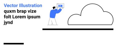 Adam tutma cihazı buluta ortam yüklüyor. Teknoloji, veri depolama, bulut hesaplama, medya yönetimi, yazılım çözümleri, dijital hizmetler, basit iniş sayfası için ideal