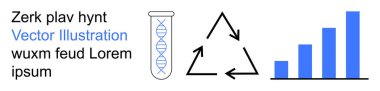 Bilim, çevre, büyüme, araştırma, analiz, sürdürülebilirlik. Test tüpünde DNA sarmalı, geri dönüşüm sembolü çizelgesi. Bilim ve çevre kavramları görsel olarak