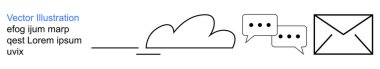 Dijital iletişim, bulut depolama, çevrimiçi mesajlaşma, veri transferi, e-posta hizmetleri, uzaktan çalışma. Bulutları, e-posta zarflarını ve konuşma baloncuklarını gösteren çizgiler. Dijital iletişim ve bulut depolama