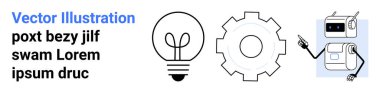 Yenilik, teknoloji, otomasyon, robotik, takım çalışması, yaratıcılık. Vites, ampul ve işaret eden kollu robot ikonu. Yenilik ve teknoloji kavramları takım çalışmasını ve yaratıcılığı vurguluyor