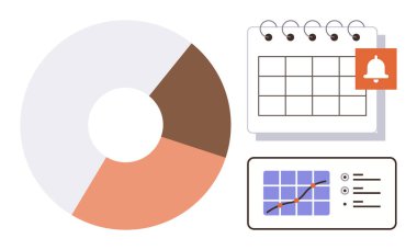 Üç bölümlü pasta tablosu, tebligatlı takvim ve büyüme eğilimlerinin grafiğini çizelim. Proje planlaması, veri analizi, üretkenlik, işletme yönetimi, pazarlama, programlama için ideal