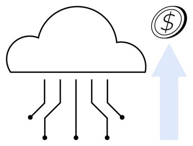 Teknoloji gelişimi, finansal büyüme, bulut depolama, veri bağlantısı, iş yeniliği, yatırım değeri. Para ve okla dijital çizgilerle bağlanmış bir bulut. Teknoloji