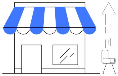Küçük işletme büyümesi, girişimcilik, yerel ticaret, genişleme stratejileri, perakende fırsatları, başlangıç fikirleri. Elinde ok ve sandalye olan minimalist bir dükkan. Küçük işletme ve girişimcilik
