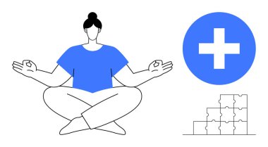 Meditasyon ve sağlık konsepti. Meditasyon refahı, zihinsel berraklığı ve farkındalığı teşvik eder. Sağlık faydaları arasında denge, stres atma ve olumlu alışkanlıklar yer alıyor. Sağlık ve sağlık için.