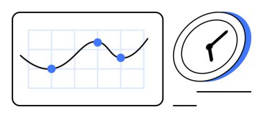 İş analizleri, zaman yönetimi, programlama, verimlilik, iş akışı, verimlilik. Saatin yanındaki veri işaretli grafikler. Zaman yönetimi ve iş analizi kavramı