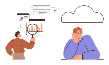 Businessperson dijital arayüzdeki grafikleri, grafikleri ve geri bildirimleri analiz ediyor. İnsan bulutun yanında yaratıcılık üzerine kafa yorar. Yenilik, analitik, bulut teknolojisi, strateji ve karar verme için ideal