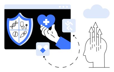 Sağlık hizmetleri yeniliği. Sağlık sembolleri arasında kalkan, kalp ve beyin, sağlık, koruma ve ilerleme yer alıyor. Dijital teknolojiyle sağlık hizmetleri gelişiyor. Tıbbi yapay zeka sağlığı için.