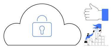 Veri güvenliği, takım çalışması, bulut hesaplama, işbirliği, başarı, dijital dönüşüm. Bulutun içine kilitlen, takım başparmakları üst üste yığma sembolü. Bulut hesaplama ve veri güvenliği kavramı