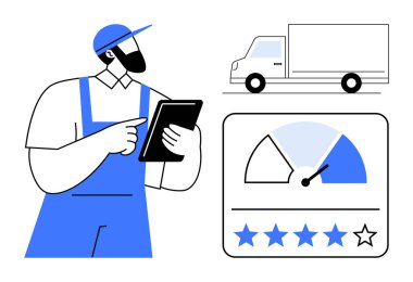 Teslimat servisi. İşçi dağıtım kamyonu ikonu ve torpido gözüne sahip bir tablet kullanıyor. Teslimat hizmetleri izleme, müşteri değerlendirmeleri ve lojistik optimizasyon. E-ticaret, nakliye ve uygulamalar için.