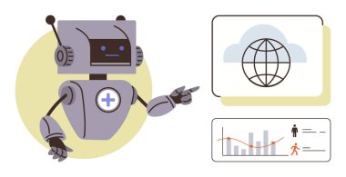 Bulutlarla bağlantılı bir küre ve analitik grafiği gösteren bir ekranı gösteren insansı robot. Yapay zeka, robot bilimi, veri analizi, bulut hesaplaması, sağlık hizmetleri, gelecekteki teknoloji, eğitim kavramları için ideal