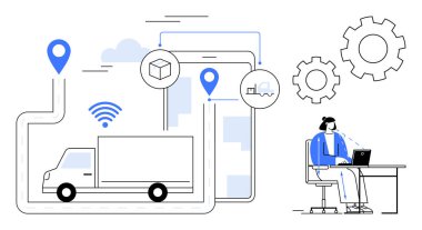 Lojistik konsept. Nakliye ve tedarik zincirlerinde GPS izleme, mobil teknolojiler ve dağıtım izleme ile lojistik. Lojistik, teslimatı ve takibi hızlandırır. Nakliye için.