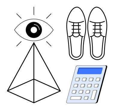 Vizyon, iş stratejisi, liderlik, finansal planlama, karar verme, kişisel gelişim. Piramidin üstündeki göz, resmi ayakkabılar ve hesap makinesi. Görüş ve iş stratejisi kavramları