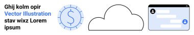 Bulut depolama, çevrimiçi işlemler, dijital iletişim, finans, web hizmetleri, bağlantı. Çemberin içinde bir dolar sembolü, bulut simgesi ve sohbet arayüzü elementleri. Bulut depolama ve çevrimiçi