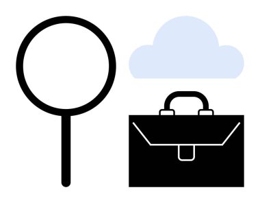 İş stratejisi, belge arama, bulut hesaplama, kariyer, veri yönetimi, yenilik. Büyüteç, bulut ve evrak çantası ikonu. İş stratejisi ve belge arama kavramları