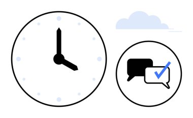 Siyah elli saat, sohbet baloncukları ve mavi işaretli saat, verimliliği, planlamayı, karar vermeyi, takım koordinasyonunu, teslim tarihi iletişimini ve dakikliği sembolize ediyor. Basit düz metafor