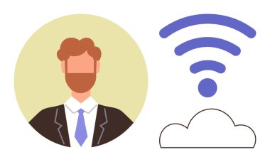 Kablosuz sinyal ve bulut simgesinin yanında takım elbiseli profesyonel erkek avatarı dijital bağlantı, bulut hesaplama, çevrimiçi iletişim, veri paylaşımı, ağ oluşturma, teknoloji ve takım çalışmasını temsil eder.