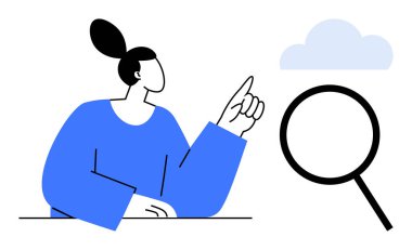 Bulut büyütme, araştırma, araştırma, analiz, analiz, teknoloji, yenilik, yaratıcılık ve minimalist kavramları simgeleyen bir büyüteçle bir bulutta el kol gezen kadın. Basit bir daire için ideal