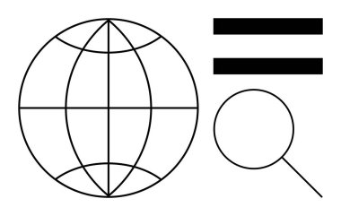 Küresel erişimi sembolize eden çizgileri olan dünya, eşitlik için cesur bir işaret ve araştırma ya da keşif için büyüteç. Küreselleşme, eşitlik, eğitim, keşif, veri analizi için ideal