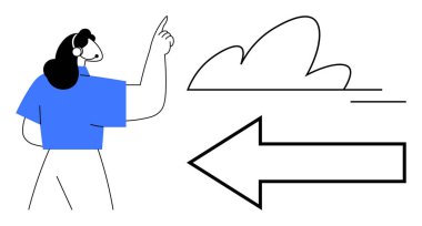 Bulut bilgisayarı, veri transferi, yön, dijital navigasyon, teknolojik yenilik, uzaktan erişim. Bulut ve oku işaret eden biri. Bulut hesaplama ve veri transfer kavramı