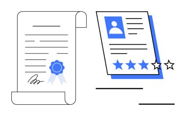 Kurdeleli sertifika tomarı ve yıldız derecelendirme sistemi içeren bir profil kartı. Eğitim, kariyer, onaylama, başarı, profesyonellik, kalite, değerlendirme kavramları için idealdir. Basit.