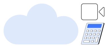 Bulut hesaplama, çevrimiçi işbirliği, dijital hizmetler, veri yönetimi, video konferansı, finansal teknoloji. Bir bulut, hesap makinesi ve video ikonu. Bulut hesaplama ve çevrimiçi işbirliği