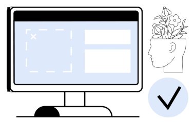 Arayüz tasarım elementleri olan bilgisayar ekranı, çiçekli siluet başlık ve kontrol işareti. Yaratıcılık, web geliştirme, yenilik, zihinsel büyüme, başarı onaylama eğitimi için idealdir. Basit.