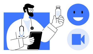 Dijital sağlık, teletıp, uzaktan konsültasyonlar, online terapi, tıbbi yenilik, hasta bakımı. Doktor elinde ilaç ve tablet, mavi ikonlar video gösteriyor ve gülümsüyor. Dijital sağlık hizmetleri