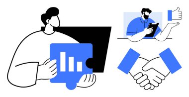 Takım çalışması, veri paylaşımı, işbirliği, dijital iletişim, uzaktan çalışma, analiz. Çizelge tutan bir kişi, onaylı dijital bir toplantı ve tokalaşma. Takım çalışması ve veri paylaşımı görselleri