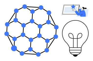 Bilim eğitimi, yenilik, problem çözme, dijital öğrenme, yaratıcı fikirler, kavramsal anlayış. Moleküler yapı, ampul ve insan etkileşimi. Bilim eğitimi