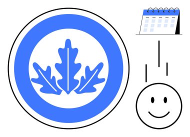 Zaman yönetimi konsepti. Takvim ve mutlu yüzlü mavi yaprak sembolü, organizasyon ve pozitiflik vurgulanıyor. Üretkenlik, planlama, hedef belirleme ve iş akışları için zaman yönetimi