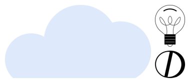 Yaratıcılık, yenilik, fikir, teknoloji, bulut hesaplama, tasarım. Ampulü ve kalın dairesel elementi olan açık mavi bir bulut. Tasarım ve teknolojide yaratıcılık ve yenilik