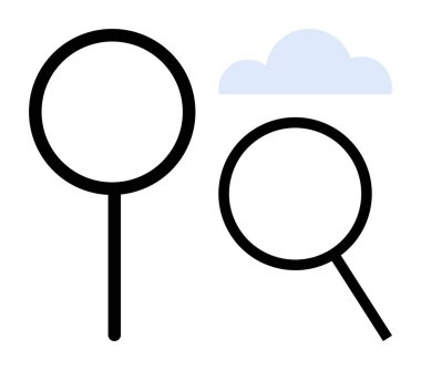 İki büyüteç, araştırma, teftiş ve mavi bulut altında keşfi vurguluyor. Analiz, arama, keşif, soruşturma, berraklık, odaklanma problem çözme kavramları için ideal basit düz