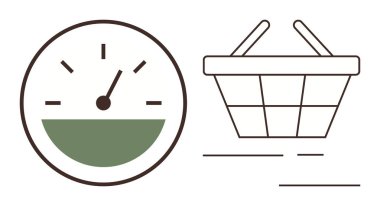 Hız göstergesi, alışveriş sepetinin yanında acil durum olduğunu gösteriyor. Perakende optimizasyon, tüketici davranışı içgörüleri, zaman verimliliği, acele, hedef belirleme, üretkenlik ve iş akışı görselleştirmesi için ideal