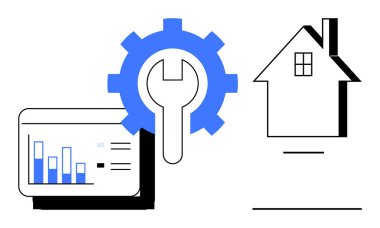 Emlak yönetimi, veri analizi, ev yenileme, tamir aletleri, gayrimenkul, ev hizmetleri. Bir dişlinin, veri tablosunun ve bir ev simgesinin içine gir. Mülkiyet yönetimi ve veri analizi kavramı