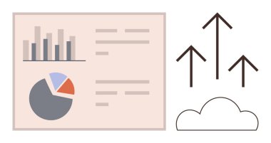 Grafik ve pasta grafiği analitik panoda bir bulutun üzerinde yukarı bakan üç ok var. İş stratejisi, veri analizi, büyüme, bulut hesaplaması, planlama, performans, kariyer ilerlemesi için ideal