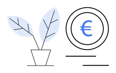 Ekonomik büyüme, sürdürülebilirlik ve yatırımı temsil eden avro sikke sembolünün yanında minimalist saksı bitkisi. Finans, tasarruf, ekoloji, ekonomi, zenginlik sürdürülebilirliği ve ilerleme için ideal