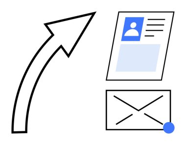 Dijital iletişim. Dijital iletişimin grafik tasviri bir ok, e-posta simgesi ve profil kartı. Dijital iletişim veri paylaşımını ve bağlantıyı sağlar. E- posta, mesajlaşma uygulamaları için