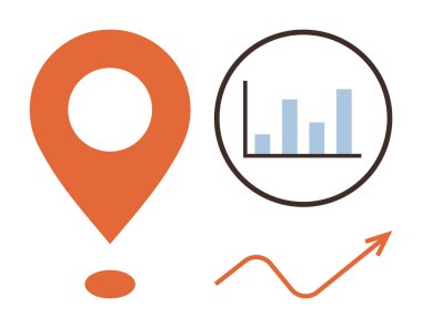 Turuncu lokasyon iğnesi, daire şeklinde çizelge yukarı doğru ok şeklinde kıvrımlı çizgi. Büyüme, analitik, strateji, yön, iş planlama başarı performansı için idealdir. Basit düz metafor