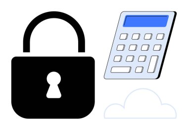 Veri güvenliği, finansal yönetim, bulut depolama, şifreleme, siber güvenlik, teknoloji. Hesap makinesi ve bulutun yanında asma kilit resmi. Veri güvenliği ve mali yönetim kavramı