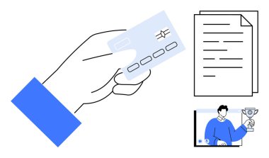Elinde bir kredi kartı, yığınla belge ve elinde kupa olan biriyle görüntülü görüşme. Temalar için ideal e-ticaret, çevrimiçi işlemler, uzaktan çalışma, dijital başarı, fintech